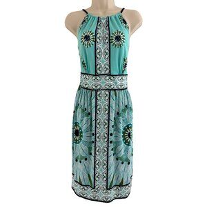 Dressbarn Aqua Print Halter Keyhole Neckline Summer Dress Size 14 Sundress Party